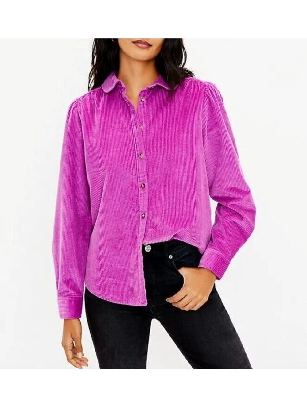 LOFT top Womens XS Purple Corduroy Round Collar Puff Shoulder Button Down